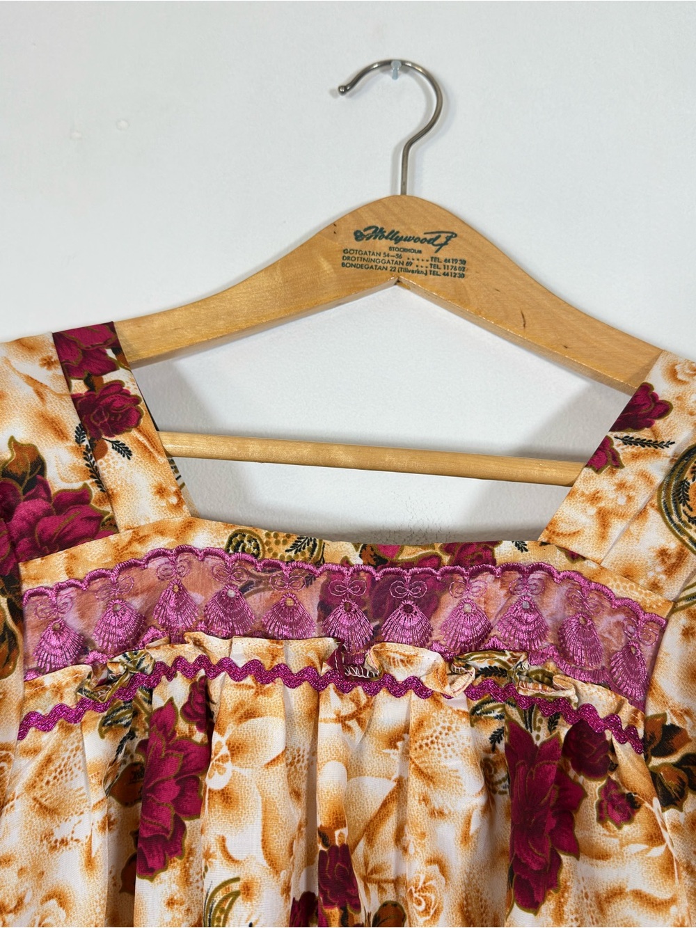 Floral Patchwork Tiered Midi Dress Puff Sleeve Wine Burgundy - Picture 5 of 11